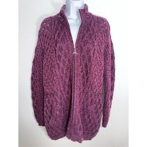 Aran Crafts Ireland Women XXL Merino Wool Zip Cardigan Sweater Fisherman Cable